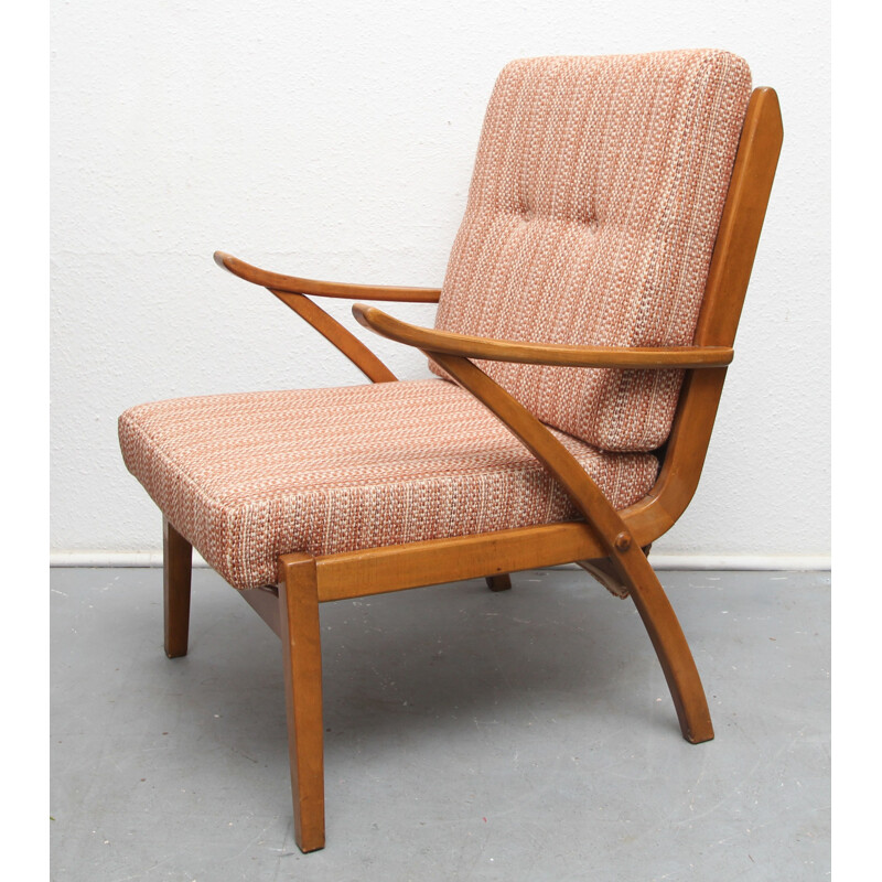 Mid century armchair in solid wood and pastell rose fabric - 1950s