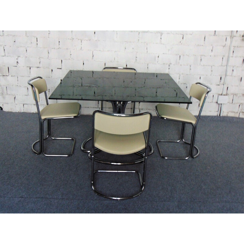 Vintage dining set in smoked glass and chrome