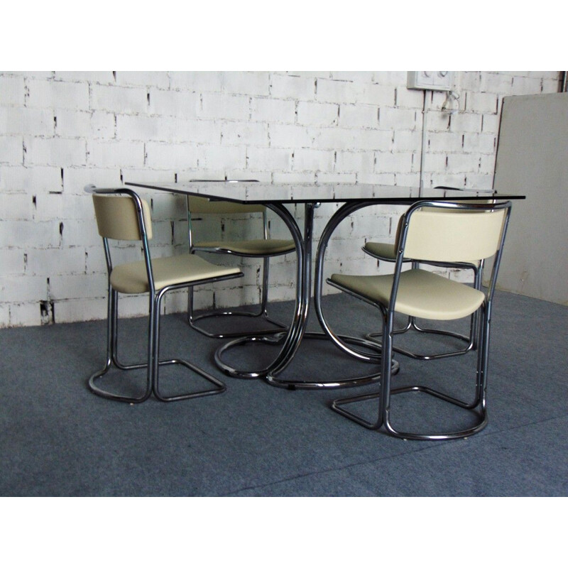 Vintage dining set in smoked glass and chrome