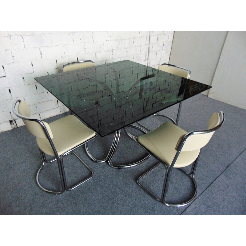 Vintage dining set in smoked glass and chrome