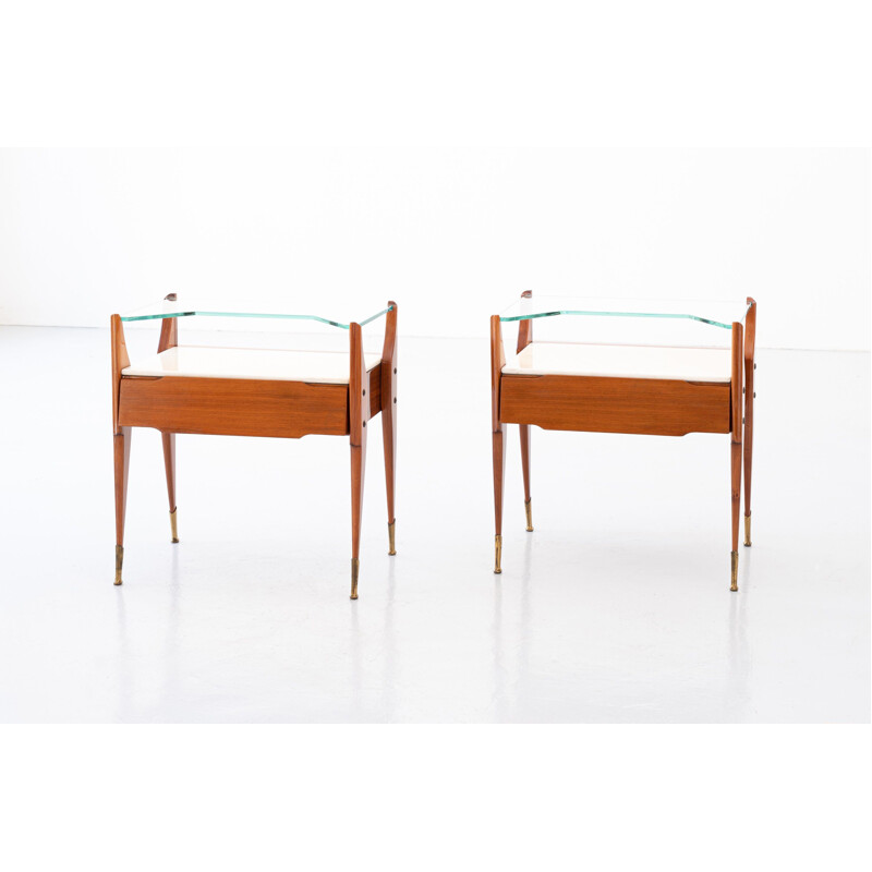 Pair of Italian vintage night stands in teak with marble and glass, 1950s