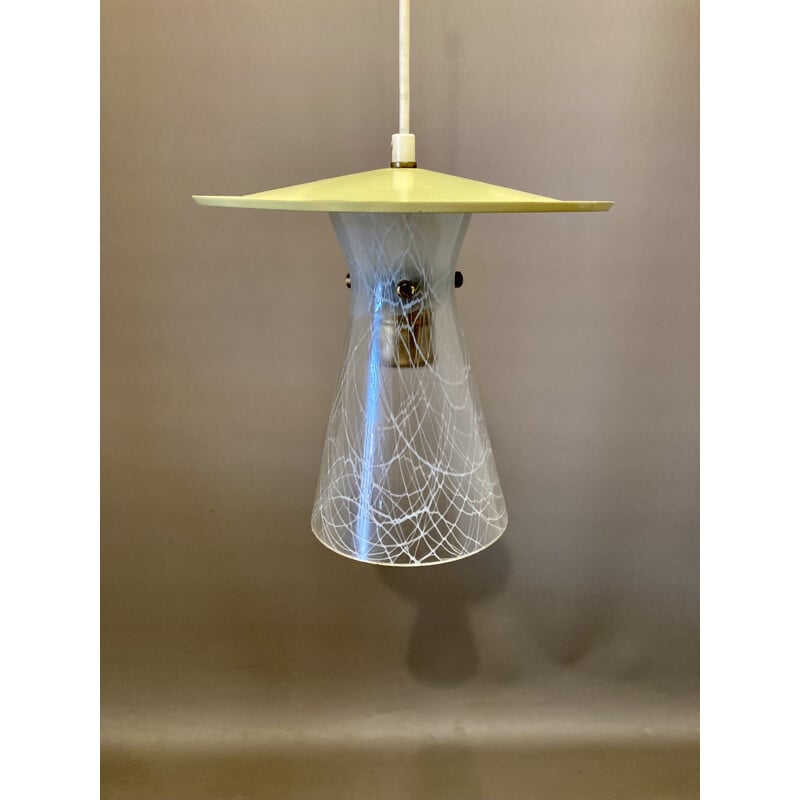 Vintage metal and glass pendant lamp, 1950