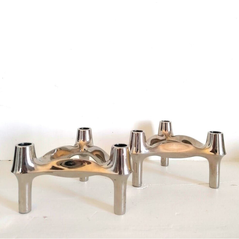 Pair of vintage "Combi-leuchter" candleholders in chrome plated metal by Bfm, Germany 1970