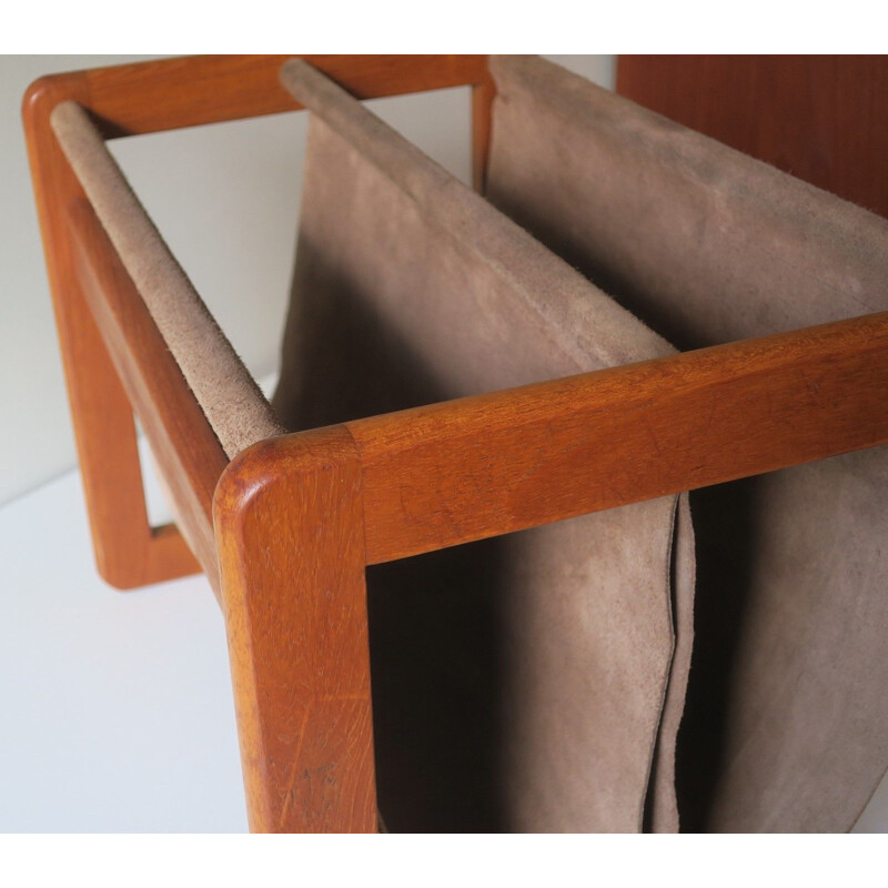 Vintage teak and suede leather magazine rack by Aksel Kjersgaard, Denmark 1960s