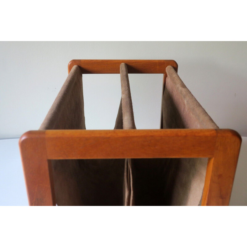 Vintage teak and suede leather magazine rack by Aksel Kjersgaard, Denmark 1960s