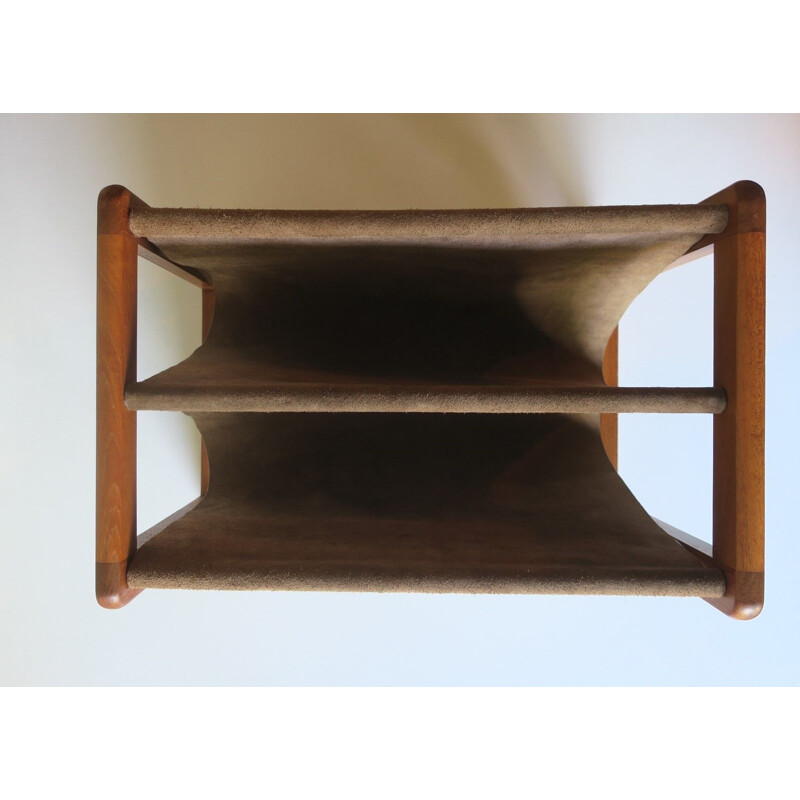 Vintage teak and suede leather magazine rack by Aksel Kjersgaard, Denmark 1960s