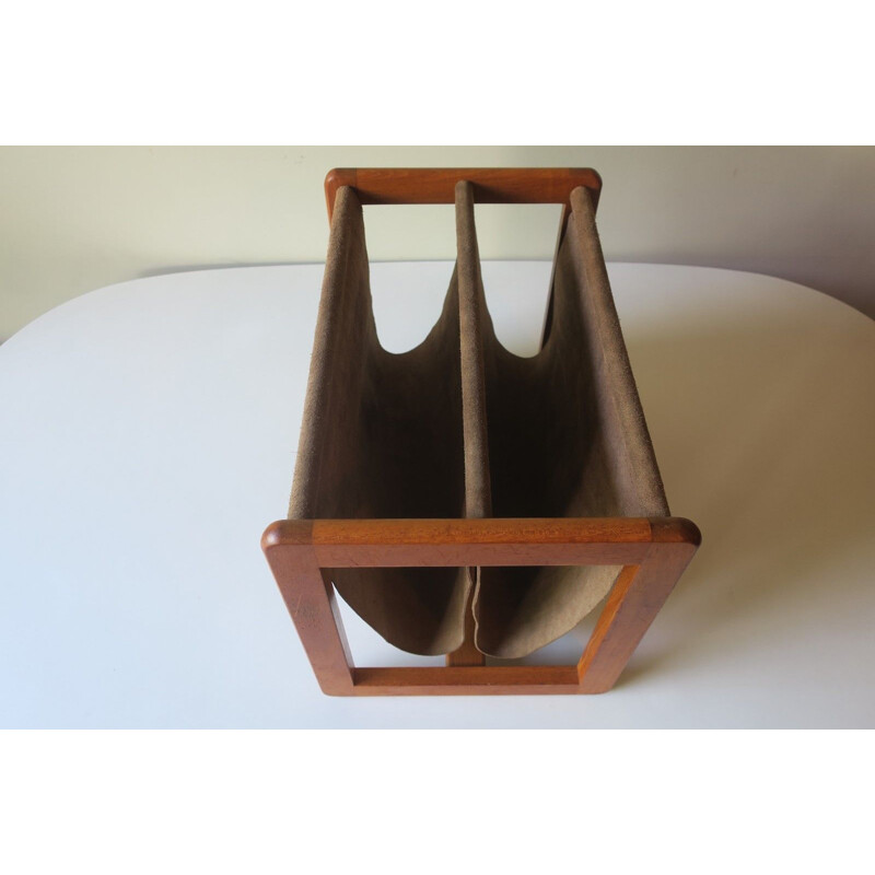 Vintage teak and suede leather magazine rack by Aksel Kjersgaard, Denmark 1960s