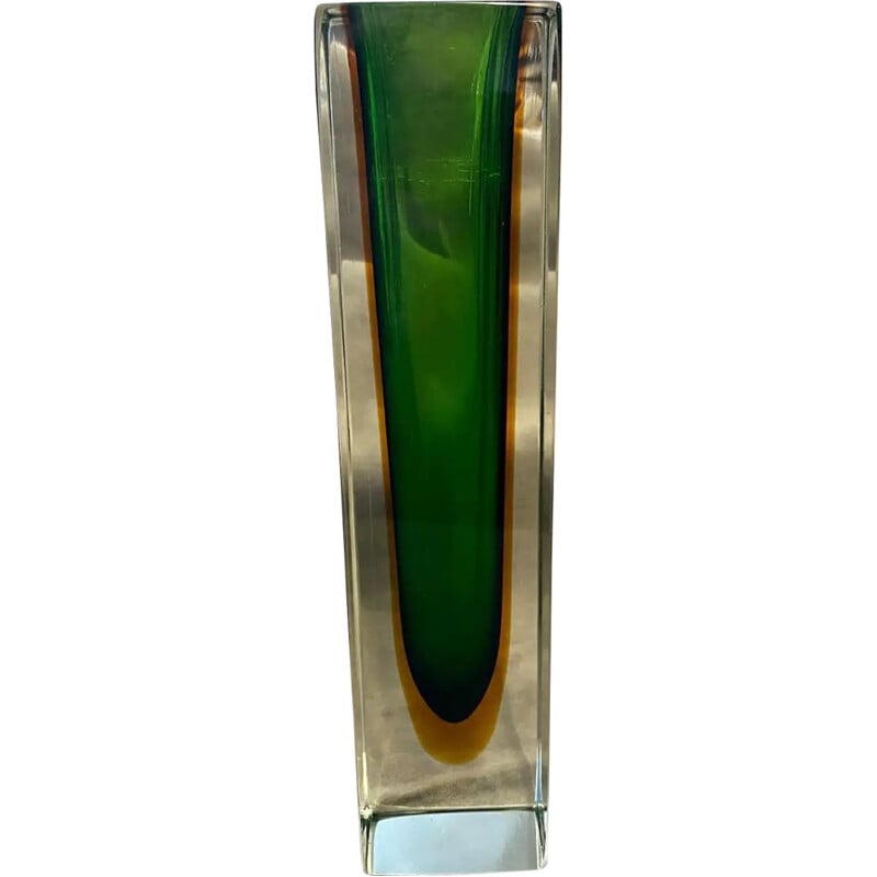 Vase vintage vert et jaune Sommerso en verre de Murano par Mandruzzato, 1970