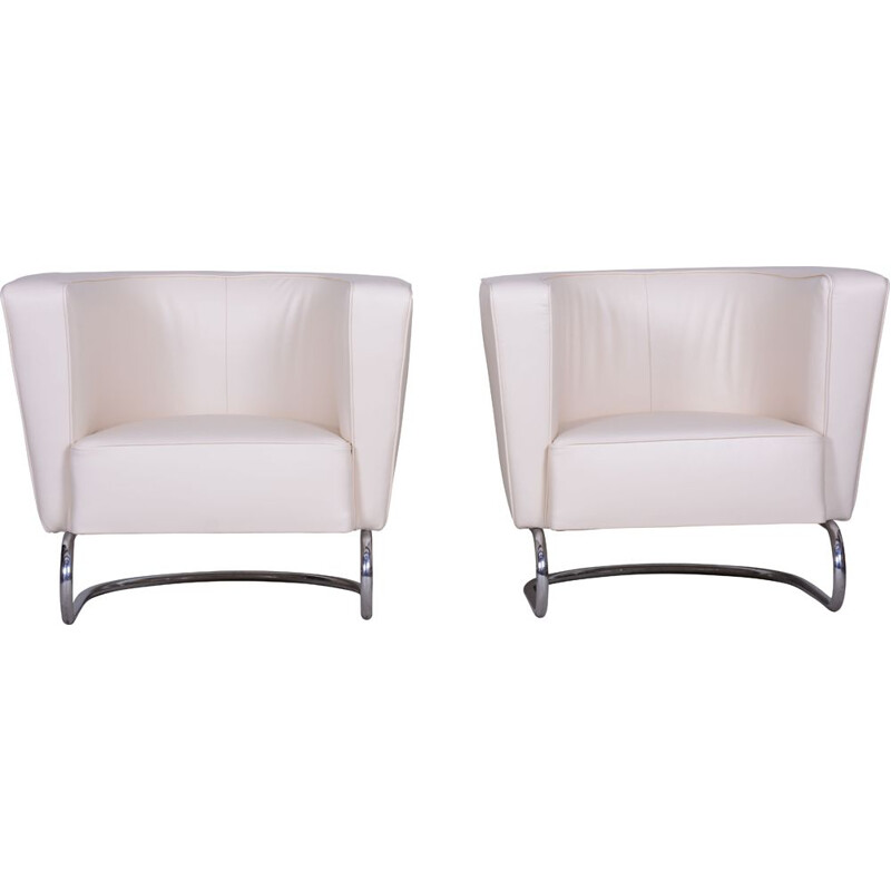 Pair of vintage white leather armchairs by Jindrich Halabala for Up Zavody, 1930
