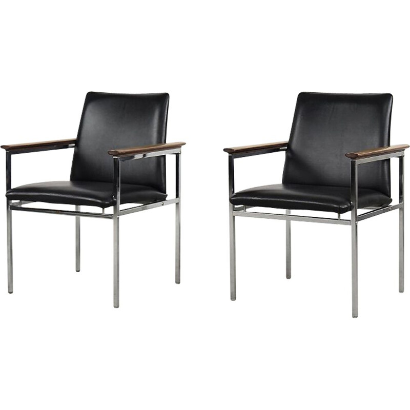 Pair of mid-century Scandinavian black leather armchairs by Sigvard Bernadotte for France & Søn, 1960s