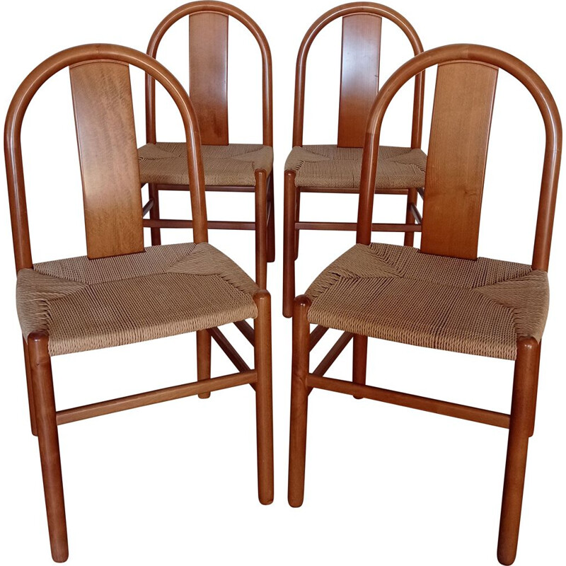 Set of 4 vintage beechwood and rope chairs by Annig Sarian for Tisettanta, 1980