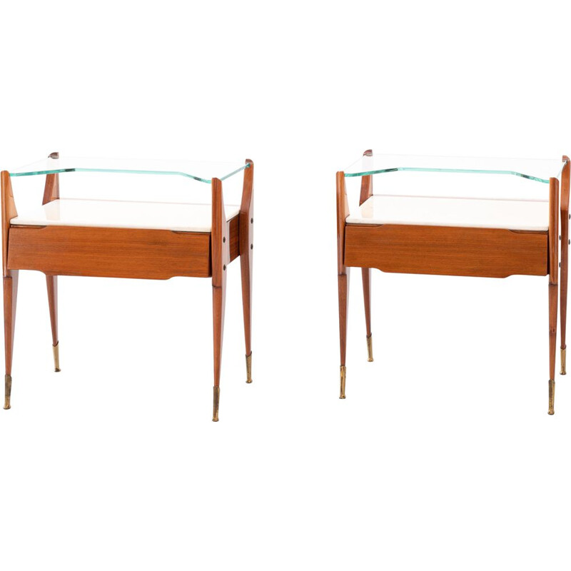 Pair of Italian vintage night stands in teak with marble and glass, 1950s