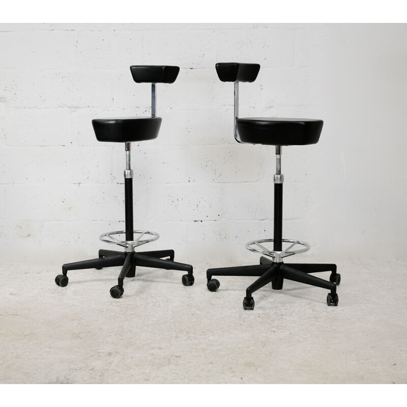 Pair of vintage swivel high stools in leather and steel by Georges Nelson for Vitra, 2001