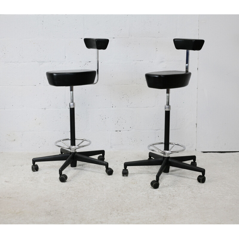 Pair of vintage swivel high stools in leather and steel by Georges Nelson for Vitra, 2001