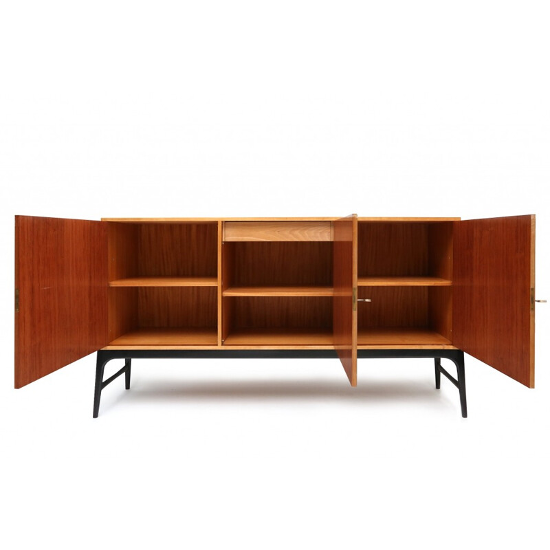 Belgian high sideboard in teak and brass, Alfred HENDRICKX - 1950s