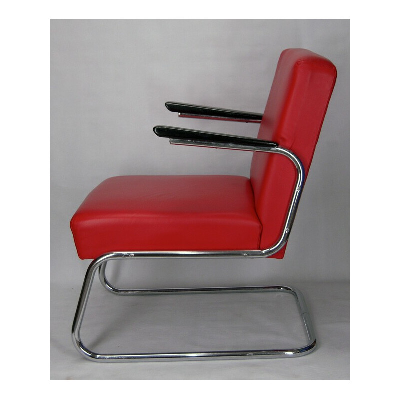 Par de cadeiras de clube modernistas em pele vermelha - Maison Dradert 1930