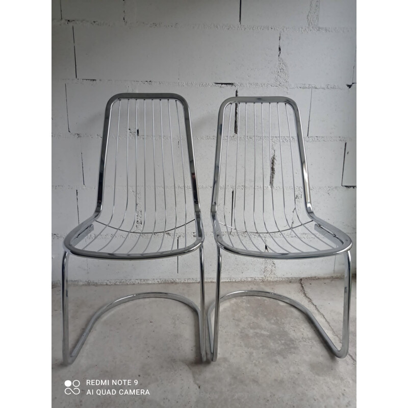 Pair of vintage steel wire chairs by Gastóne Rinaldi, 1970