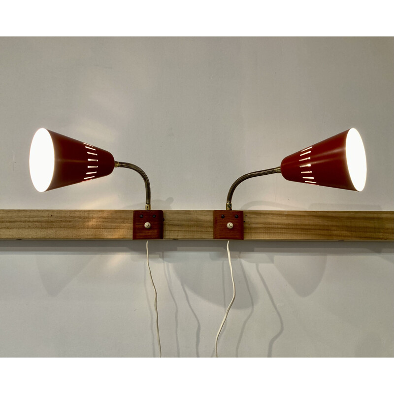 Pair of Scandinavian vintage wall lamps in metal and teak, 1950s