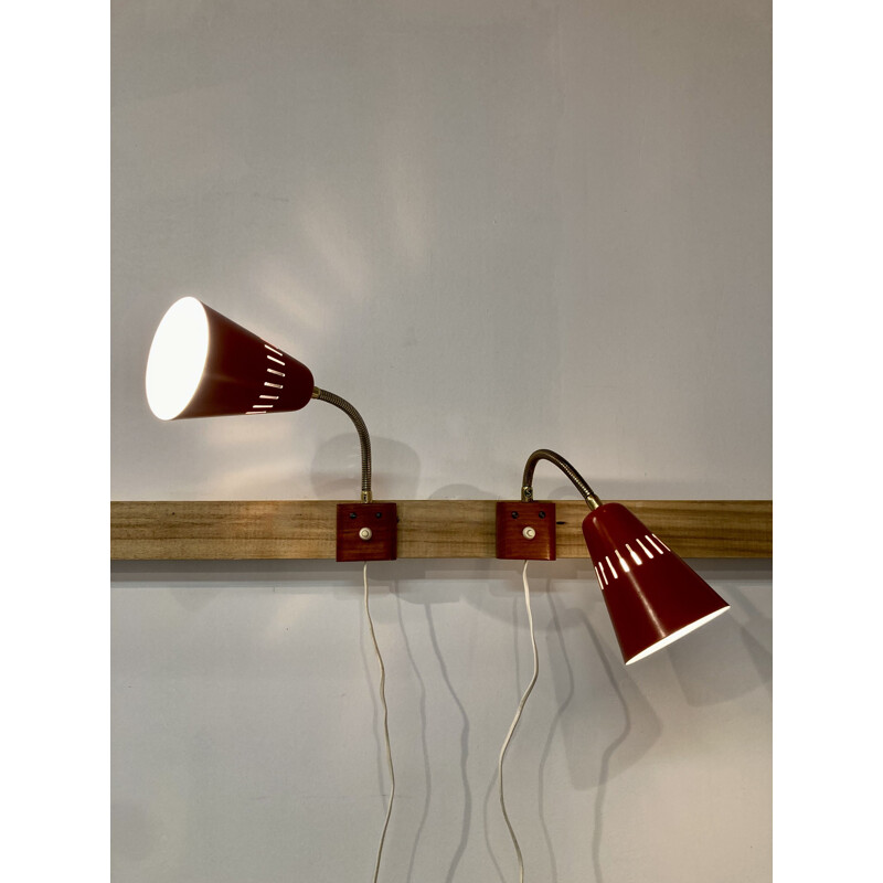 Pair of Scandinavian vintage wall lamps in metal and teak, 1950s