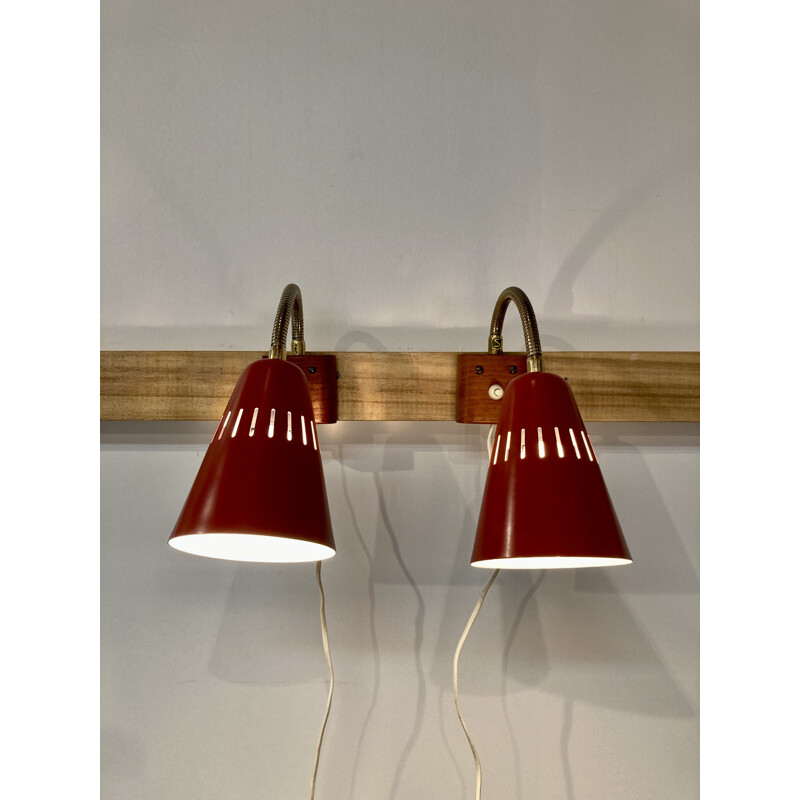 Pair of Scandinavian vintage wall lamps in metal and teak, 1950s