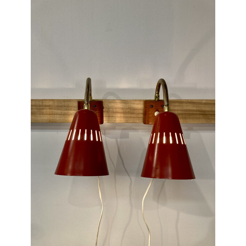 Pair of Scandinavian vintage wall lamps in metal and teak, 1950s