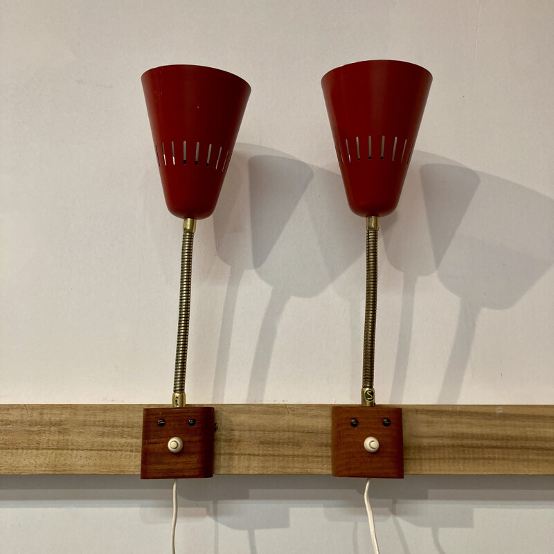 Pair of Scandinavian vintage wall lamps in metal and teak, 1950s