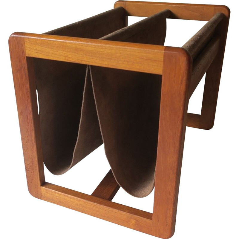 Vintage teak and suede leather magazine rack by Aksel Kjersgaard, Denmark 1960s