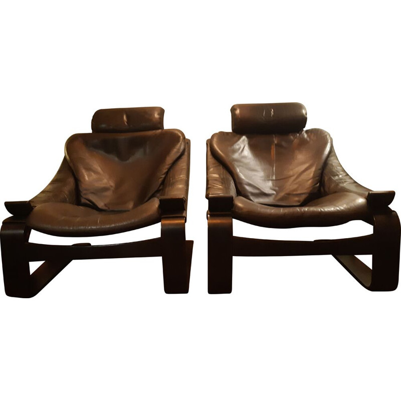 Pair of vintage Scandinavian Kroken leather armchairs by Ake Fribyter for Nelo, 1970
