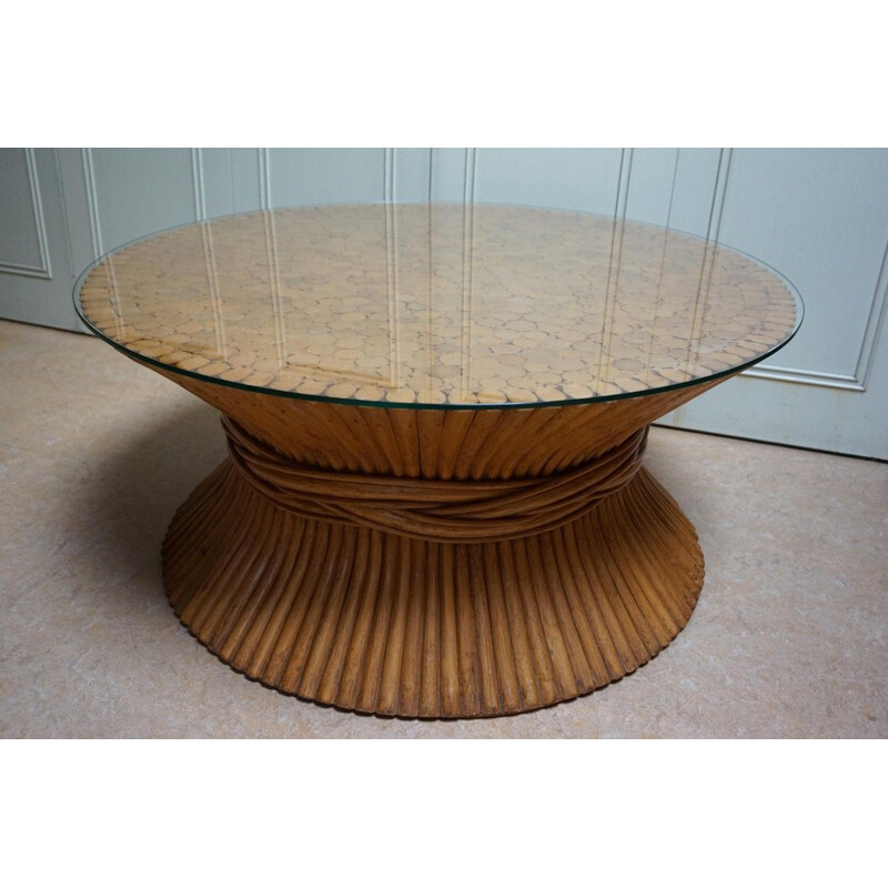 Vintage round bamboo sheaf coffee table with glass top by McGuire, 1970