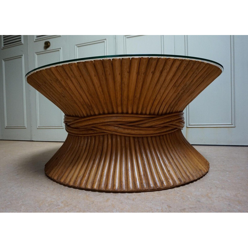Vintage round bamboo sheaf coffee table with glass top by McGuire, 1970