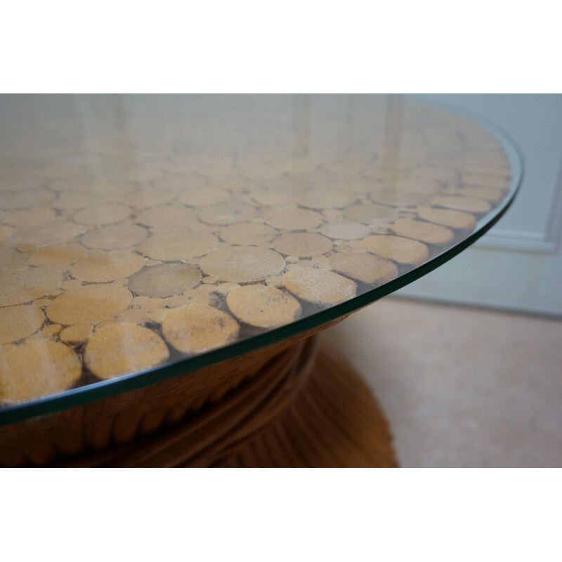 Table basse vintage gerbe de blé en bambou ronde et plateau en verre par McGuire, 1970