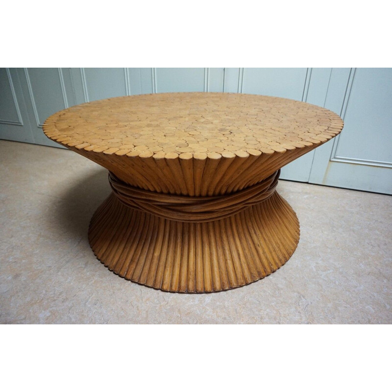 Vintage round bamboo sheaf coffee table with glass top by McGuire, 1970