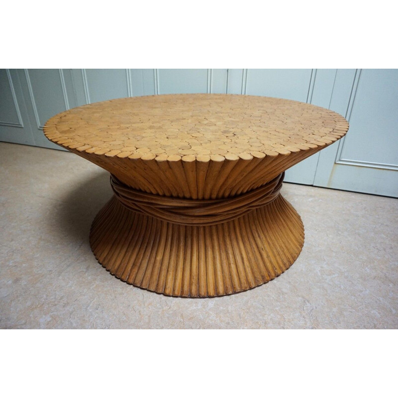 Vintage sheaf of wheat bamboo round and glass top coffee table by McGuire, 1970