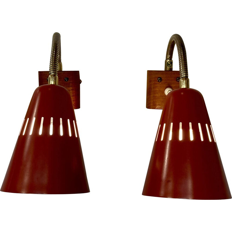 Pair of Scandinavian vintage wall lamps in metal and teak, 1950s