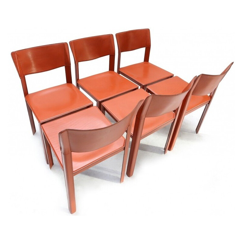 Suite de 6 chaises italiennes en cuir marron, Matteo GRASSI - 1970