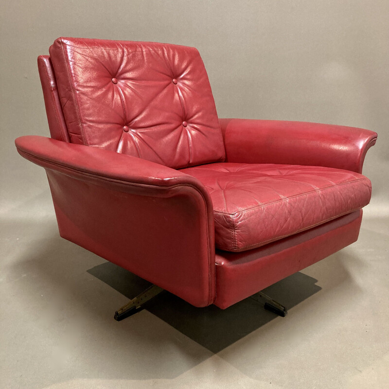 Cadeirão de couro vermelho Vintage, 1950