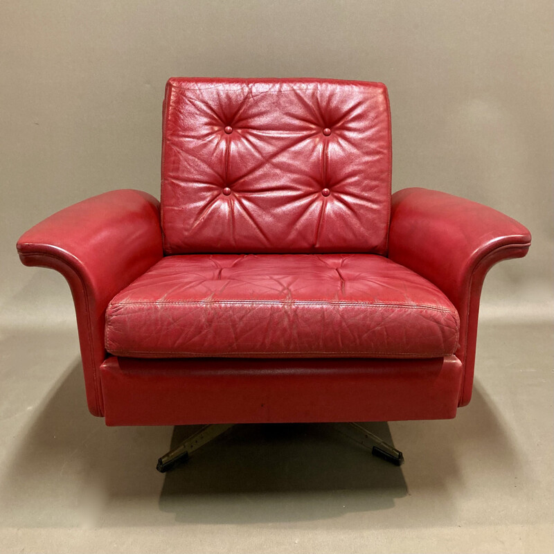 Vintage rood lederen fauteuil, 1950