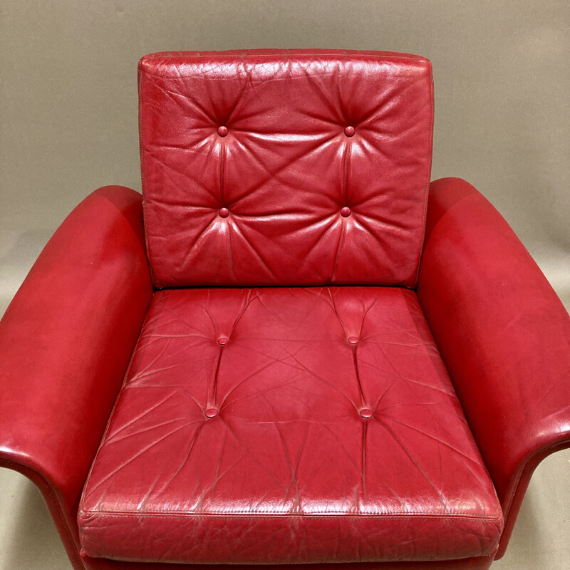 Vintage red leather armchair, 1950