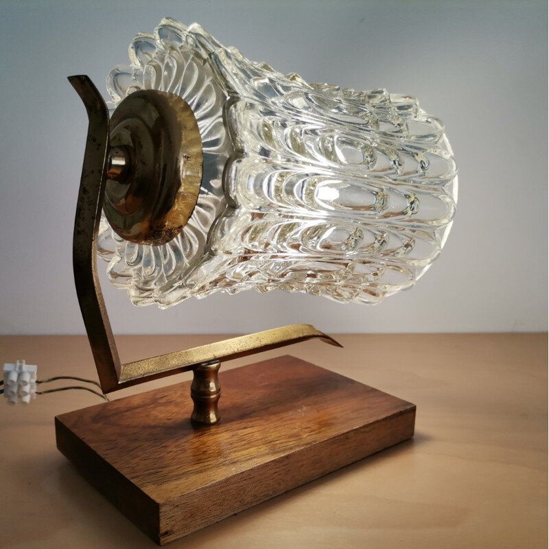 Vintage adjustable wall sconce in crystal glass and wood, 1960