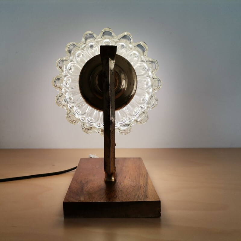 Lampada da parete vintage orientabile in vetro cristallo e legno, 1960