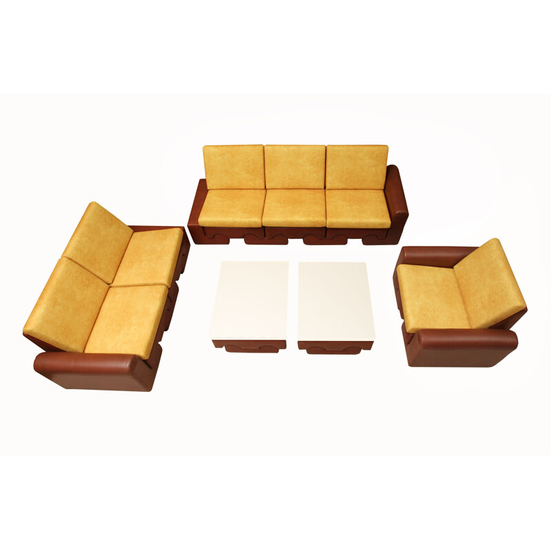 Vintage puzzle living room set in solid foam and brown leatherette, 1970s