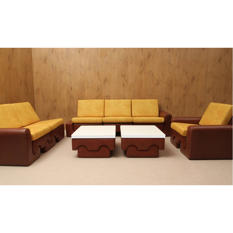 Vintage-Puzzle-Lounge-Set aus festem Schaumstoff und braunem Kunstleder, 1970