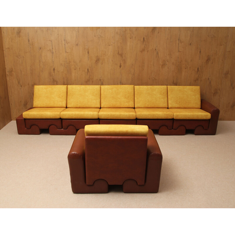 Vintage puzzle living room set in solid foam and brown leatherette, 1970s