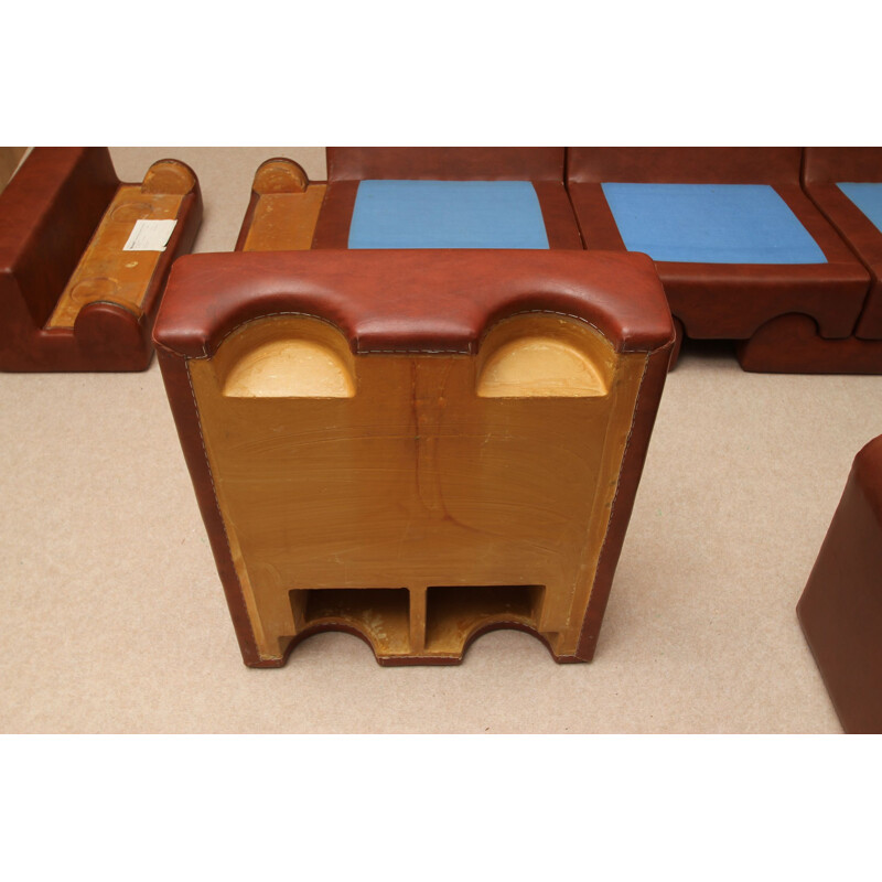 Ensemble de salon puzzle vintage en mousse solide et similicuir brun, 1970