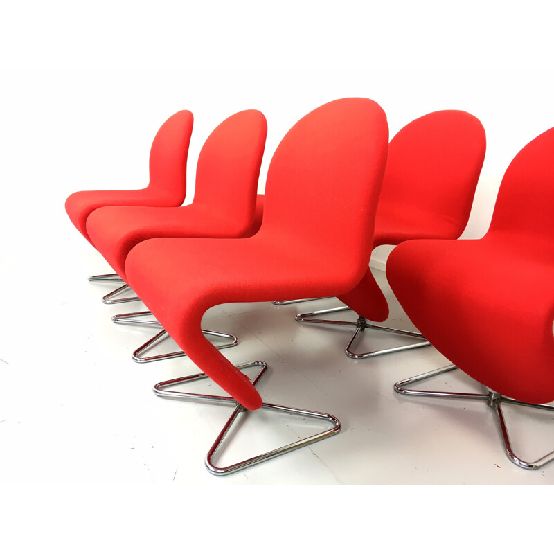 Set of 6 Fritz Hansen chairs in red fabric, Verner PANTON - 1970s