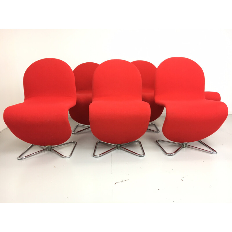 Set of 6 Fritz Hansen chairs in red fabric, Verner PANTON - 1970s