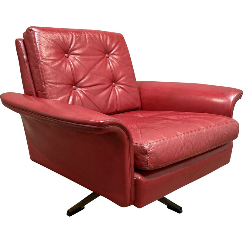 Cadeirão de couro vermelho Vintage, 1950