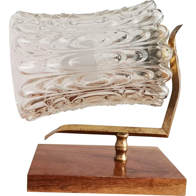 Lampada da parete vintage orientabile in vetro cristallo e legno, 1960