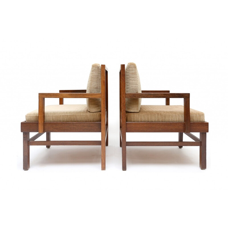 Pair of mid-century Wengé armchairs in wood and beige fabric - 1950s