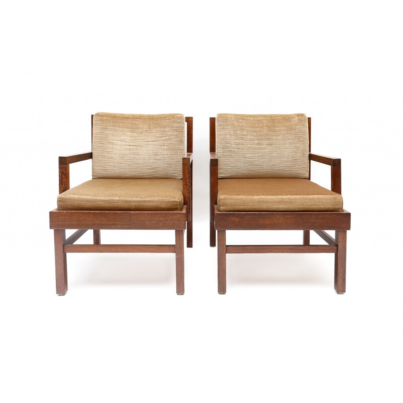 Pair of mid-century Wengé armchairs in wood and beige fabric - 1950s
